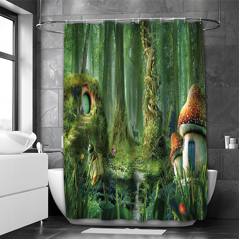 Shower Curtain with 12 Hooks 180cm*180cm(70"*70") Polyester Washable Waterproof Forest Landscape Pattern2