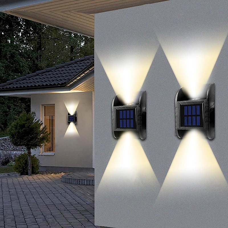 2 Pack 2LED Solar Wall Light UP and Down Illuminate Outdoor Sunlight Lamp IP65 Waterproof Modern Decor for Home Garden Porch, Black2