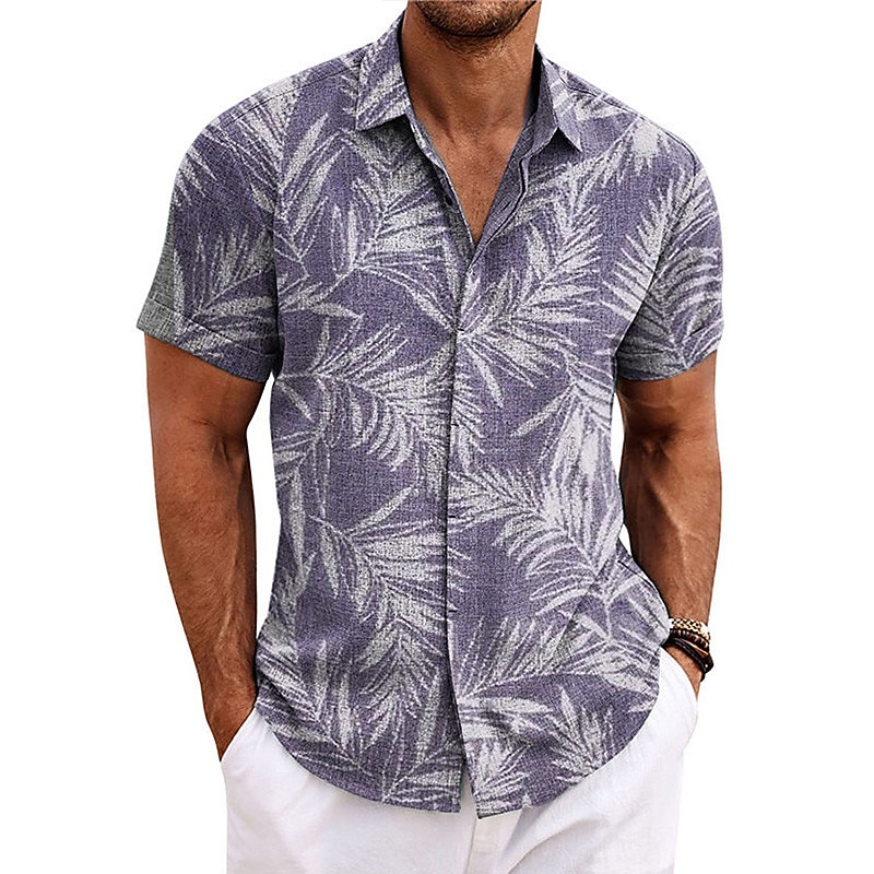 Men's Shirt Linen Shirt Beach Shirt Summer Hawaiian Shirt Leaves Outdoor Street Royal Blue Blue Purple Green Short Sleeves Turndown Summer Spring Clothing Apparel Print3