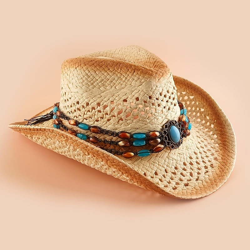 Stylish Western Cowboy Straw Hat with Hand Woven Faux Jade Chain Decor - Perfect for Summer Beach Outings!