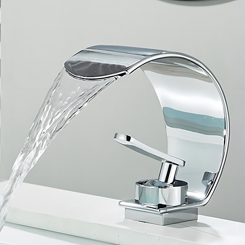Waterfall Bathroom Faucet Sink Mixer Basin Taps, Arc Spout Single Handle Washroom Faucet Deck Mounted with Cold and Hot Hose Black Chrome White2