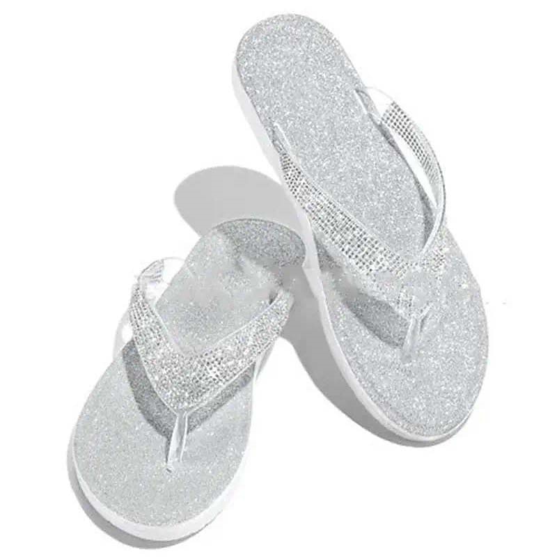 Women's Silver Glitter Flip Flop Sandals with Rhinestone Embellishments - Sparkly Summer Beachwear for Parties and Special Occasions3