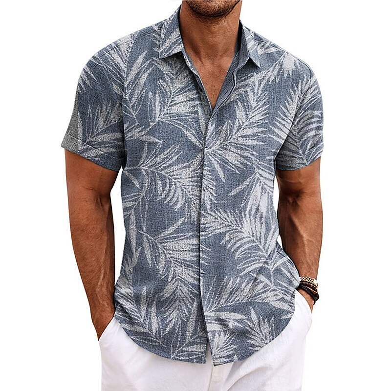 Men's Shirt Linen Shirt Beach Shirt Summer Hawaiian Shirt Leaves Outdoor Street Royal Blue Blue Purple Green Short Sleeves Turndown Summer Spring Clothing Apparel Print2