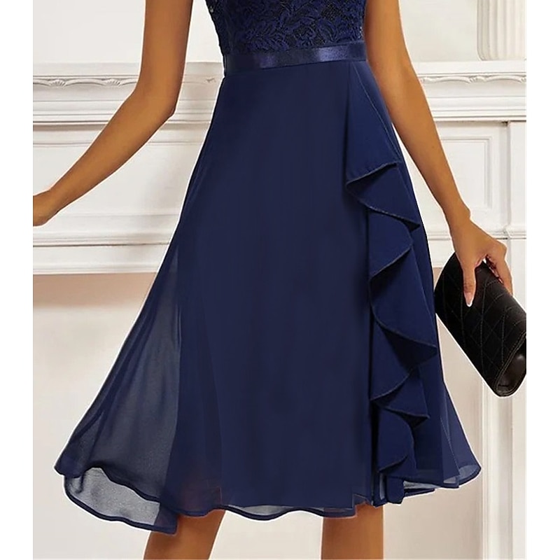 Women's Party Dress Lace Dress Cocktail Dress Midi Dress Dark Blue Short Sleeve Pure Color Lace Summer Spring Fall Crew Neck Fashion Wedding Guest Vacation Summer Dress S M L XL 2XL3