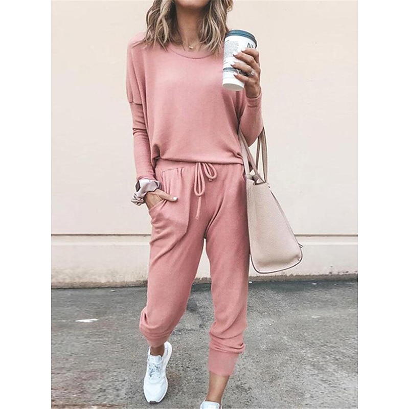 Women's Pajamas Pajama Top and Pant Sets Pure Color Fashion Casual Soft Home Daily Bed Breathable Crew Neck Long Sleeve T shirt Tee Pant Pocket Elastic Waist Summer Spring4