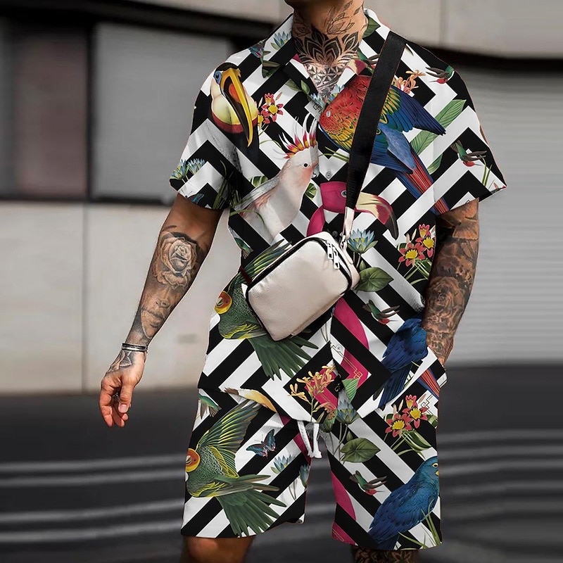 Men's Floral Flamingo Tropical 2pcs Shirts Sets Summer Hawaiian Shirt Short Sleeve Short Pants Turndown Fashion Streetwear Designer Outdoor Street Casual Print Summer Spring Black White Pink4