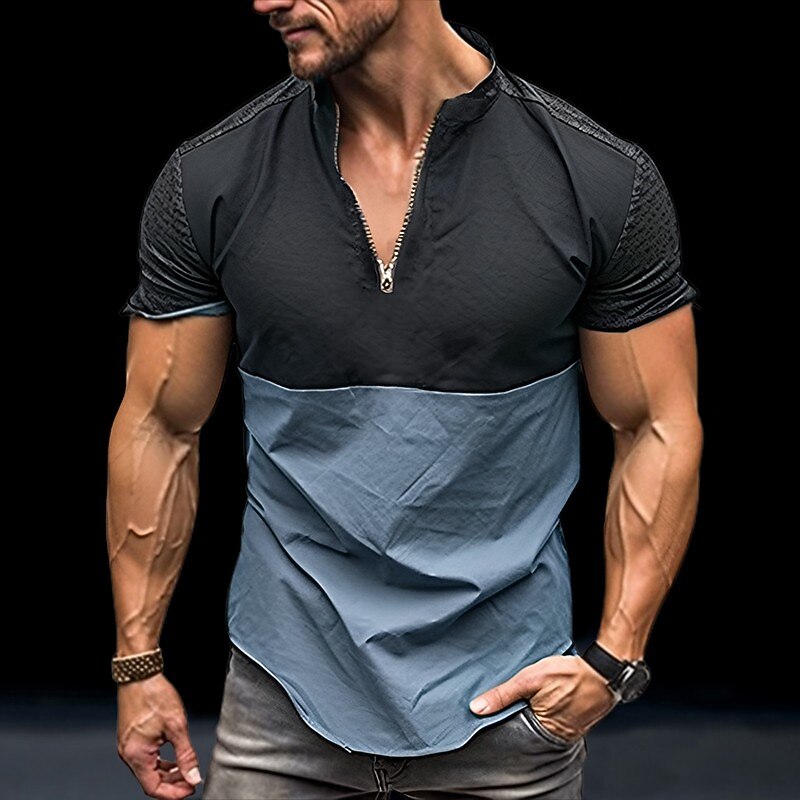 Men's T Shirt Tee Top Short Sleeves Standing Collar Summer Color Block Fashion Designer Basic Vacation Street Going out Blue Purple Brown Top Tee for Men4
