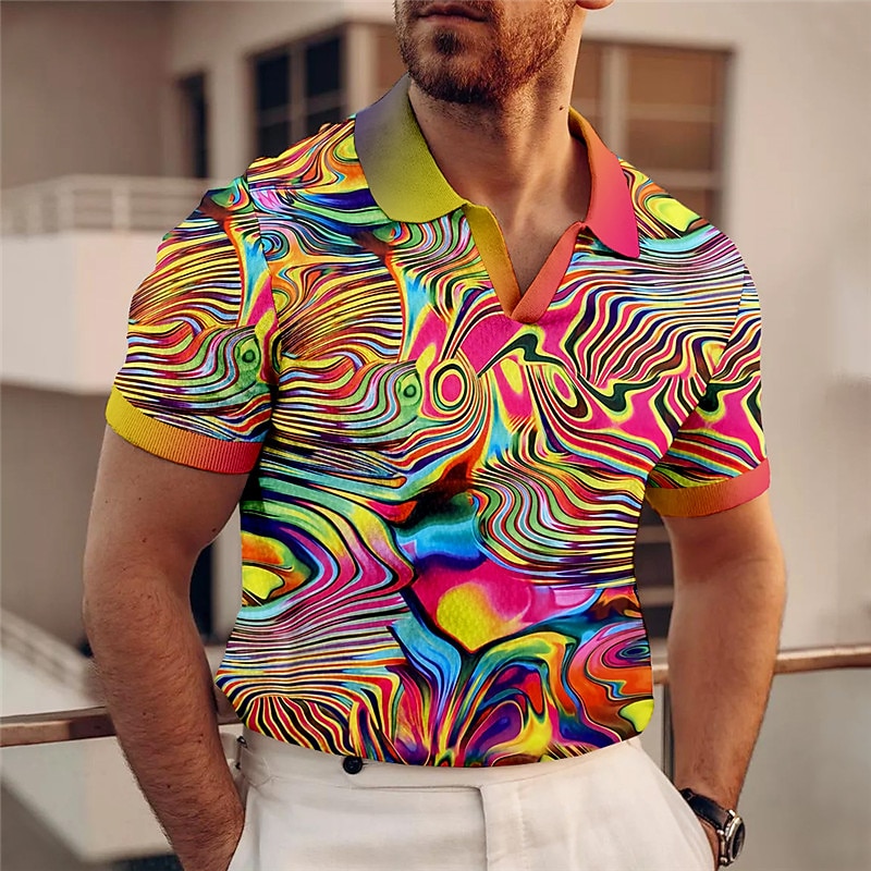 Men's Graphic Polo Shirts Golf Shirt Short Sleeve Polo Shirts V Neck Casual Vacation Wear Rave Wear Party Outfits 3D Print Red Blue Purple