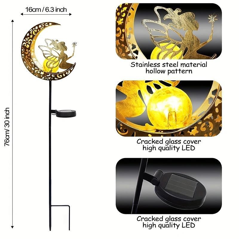 Solar Lights Fairy Moon Shape Garden Lights Outdoor Metal Solar Garden Lights Waterproof LED Glass Ball Outdoor Lights Fairy Figures Elf Garden Solar Light Decoration Patio Path Lawn Halloween Christmas3