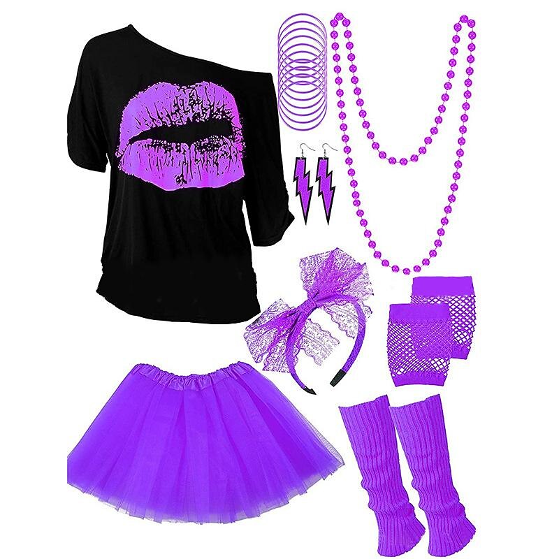 Retro Vintage Disco 1980s Skirt Gloves Necklace Outfits T-shirt Tutu Headband Earrings Leg Warmers Bracelet Women's Girls' Costume Headbands Necklace / Earrings Vintage Cosplay Party / Evening3