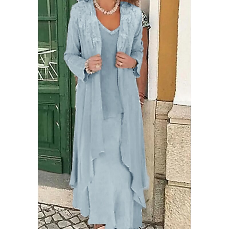 Beach Wedding Two Piece A-Line Mother of the Bride Dress Formal Wedding Guest Elegant Plus Size Casual V Neck Floor Length Lace Linen Cotton Blend Sleeveless Jacket Dresses with Appliques4