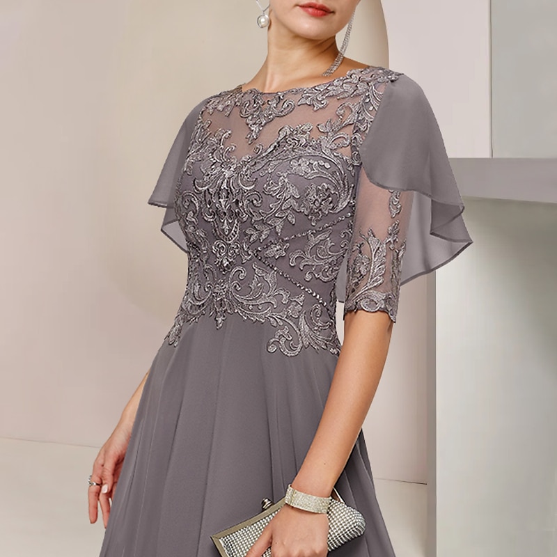 A-Line Mother of the Bride Dress Formal Wedding Guest Elegant Scoop Neck Asymmetrical Tea Length Chiffon Lace Half Sleeve with Beading Appliques3