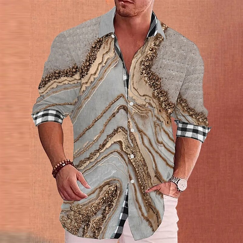 Men's Gradient Geometric Pattern Marble Shirt Button Up Shirt Long Sleeve Fashion Streetwear Designer Outdoor Casual Daily Summer Spring Fall Stand Collar Print Black Yellow Green Khaki Gray2