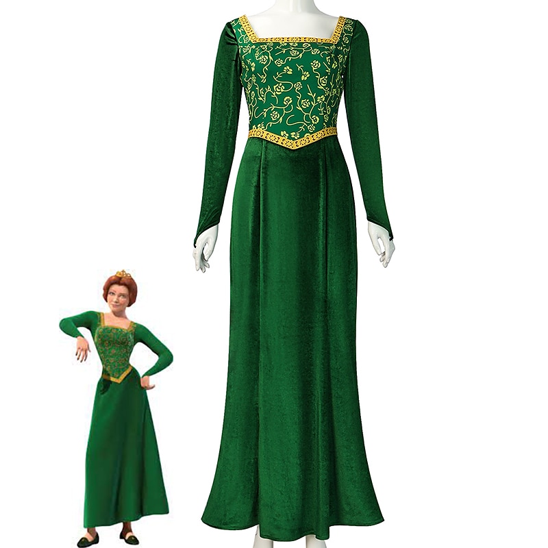 Fiona Costume Women Princess Fiona Dress Shrek Medieval Renaissance Dress Long Sleeves Green Dress Gown Dress Halloween Cosplay Party Outfit With Wig2