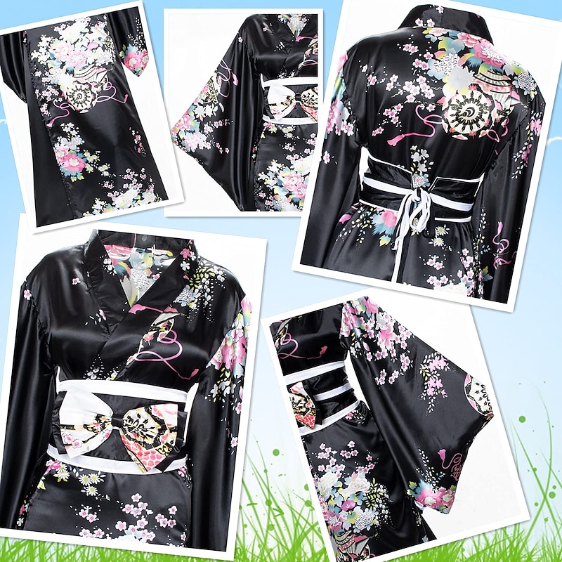 Japanese Anime Women's Kimono Robe Geisha Yukata Sweet Dress Blossom Satin Bathrobe Sleepwear Fans Socks Hair Accessories Purse 5 PCS3