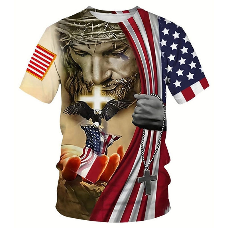 Men's Graphic Faith National Flag T Shirt Christian T Shirts Short Sleeve T shirt 3D Print Crew Neck Shirt Vintage Fashion Designer Outdoor Daily Sports Red / White Blue Blue-White Spring & Summer2