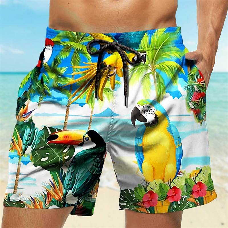 Men's Bird Coconut Tree Graphic Prints Swim Trunks Swim Shorts Board Shorts Mid Waist Hawaiian Boho Casual Daily Holiday Drawstring with Mesh lining Elastic Waist Designer Clothing Apparel2