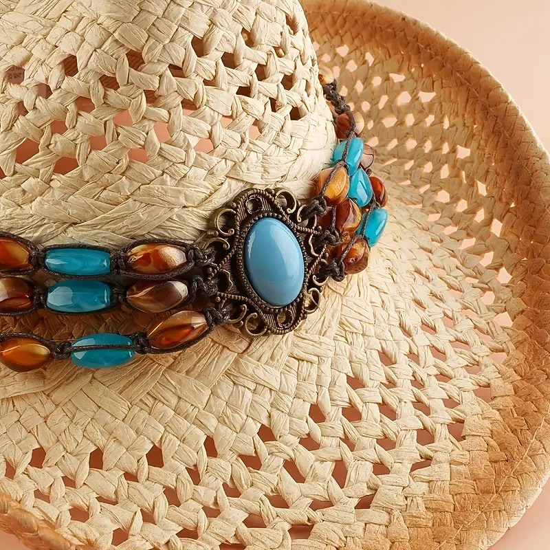 Stylish Western Cowboy Straw Hat with Hand Woven Faux Jade Chain Decor - Perfect for Summer Beach Outings!4