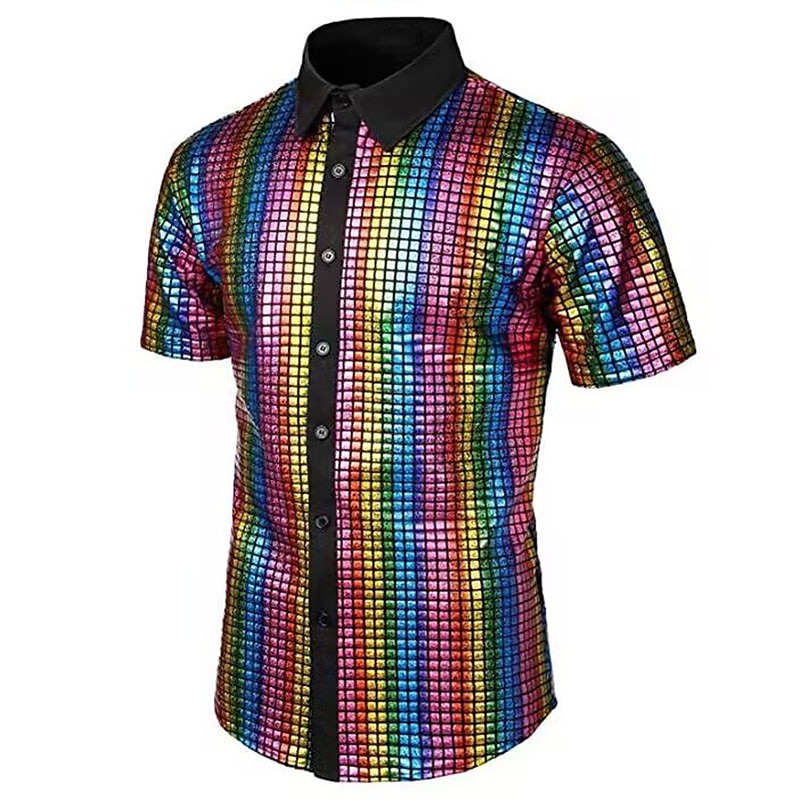Men's Prom Shirt Disco Shirt Tuxedo Shirts Plain Formal Evening Birthday Party Black Yellow Blue Rainbow Short Sleeve Lapel Summer Spring Clothing Apparel Sequins