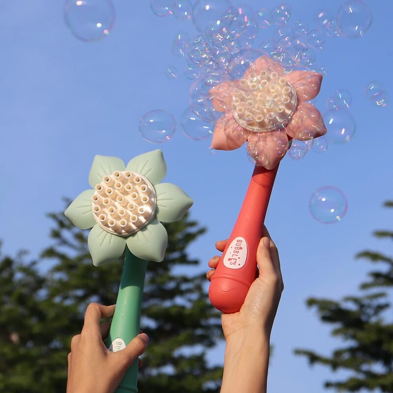 Summer Fun for Kids Electric Handheld Bubble Machine with Rocket Shape & Sunflower Design - Perfect for Outdoor Birthday Parties! - Main Image