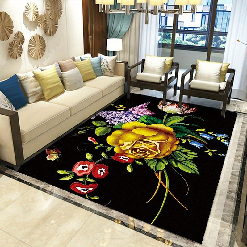 Large Floral Area Rugs Oriental Non-slip Crystal Velvet Plush Carpet Vintage Fluffy Rug Machine Washable Soft Thickened & Shaggy Carpet For Living Room & Bedroom Floor3