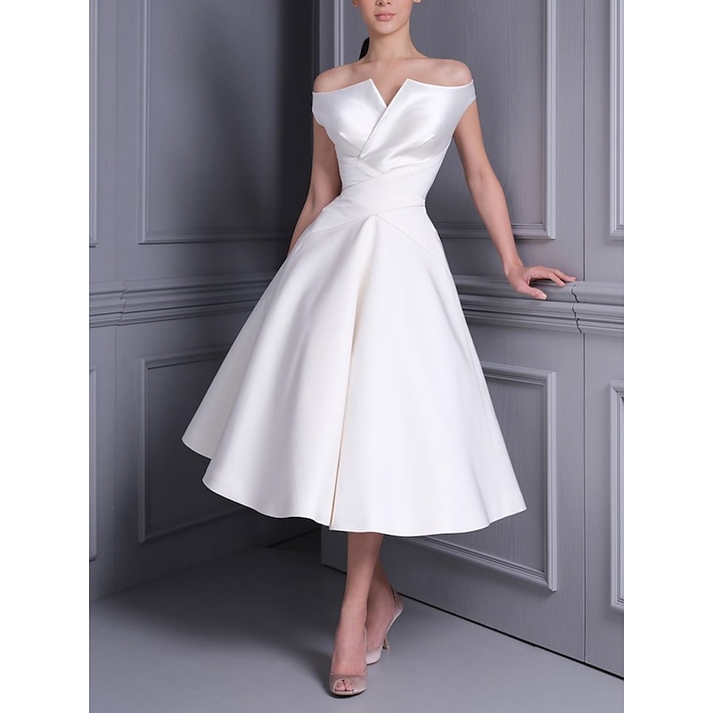 Little White Dress Bridal Shower Dresses Wedding Dresses A-Line Off Shoulder Cap Sleeve Tea Length Satin Bridal Gowns With Pleats Solid Color2