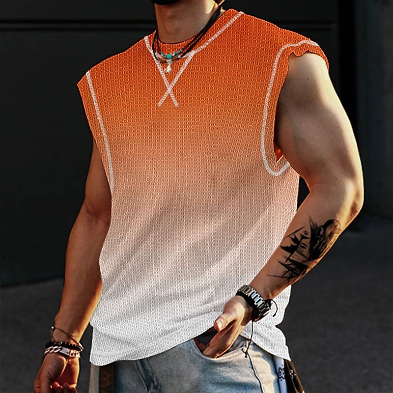 Men's Waffle Shirt Waffle Tank Top Tank Top Vest Top Sleeveless Crew Neck Summer Gradient Fashion Designer Muscle Outdoor Going out Gym Pink Blue Orange Top Tee for Men3