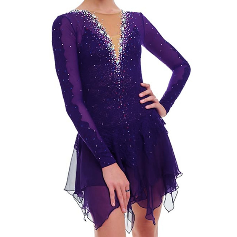 Figure Skating Dress Women's Girls' Ice Skating Dress Violet Patchwork Mesh Spandex High Elasticity Training Competition Skating Wear Handmade Crystal / Rhinestone Long Sleeve Ice Skating Figure
