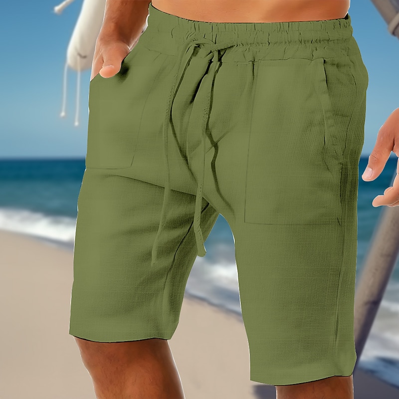 Men's Shorts Linen Shorts Summer Shorts Drawstring Pocket Elastic Waist Plain Comfort Soft Outdoor Daily Going out Fashion Streetwear White Green4