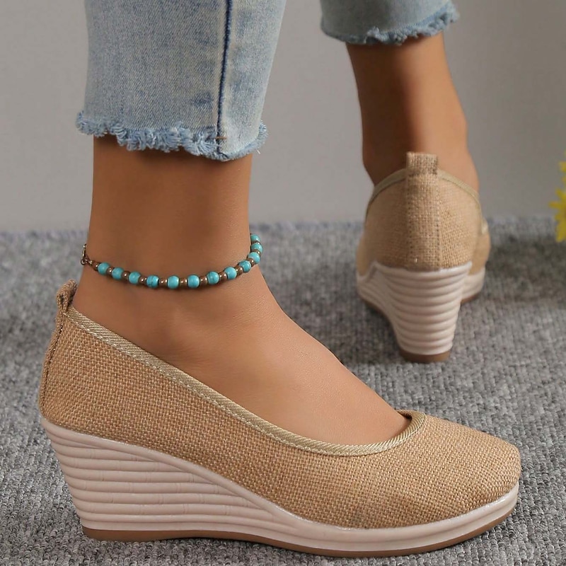 Women's Beige Woven Fabric Wedge Shoes – Comfortable Slip-On Platform Heels for Casual Summer and Daily Wear3