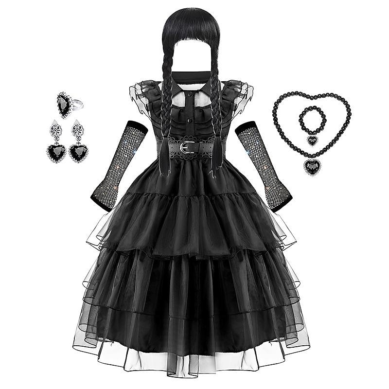 Gothic Horror Dark Academia Cosplay Wigs Tulle Dresses Accessories Set Punk & Gothic Movie Cosplay for Girls' Kid's Carnival Children's Day Masquerade