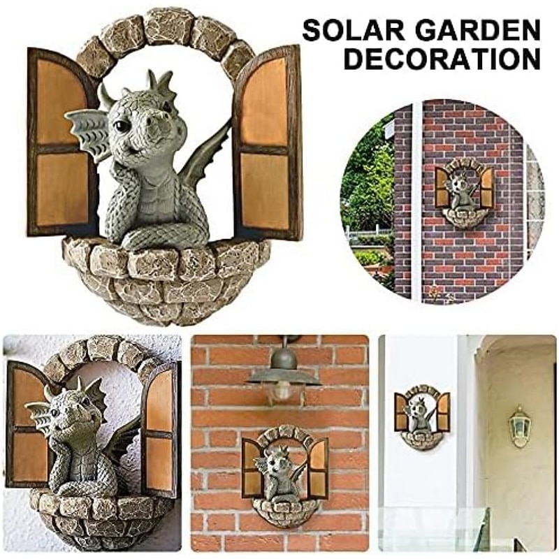 Dinosaur Sculpture Wall Decoration Weatherproof Resin Statue Miniatures for Patio Yard Garden Wall Decoration Lovely Dragon Garden Ornaments3