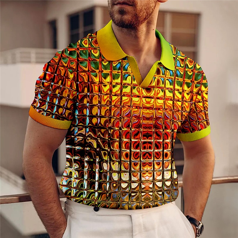 Men's Graphic Polo Shirts Golf Shirt Short Sleeve Polo Shirts V Neck Casual Vacation Wear Rave Wear Party Outfits 3D Print Yellow Pink Army Green4