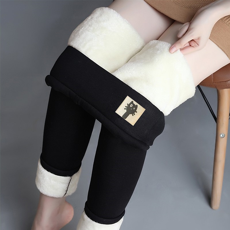Women's Fleece Pants Tights Leggings Basic Casual Lounge Full Length High Waist Solid Color High Cut Thermal Warm High Elasticity Office Daily Lamb wool leggings (kitten) Fall & Winter Skinny2