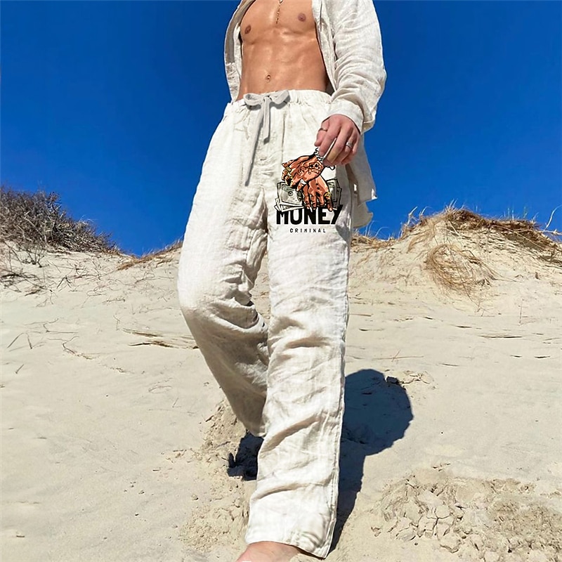Men's Trousers Summer Pants Beach Pants Drawstring Elastic Waist 3D Print Letter Graphic Prints Dollar Comfort Casual Daily Holiday Streetwear Hawaiian White Micro-elastic