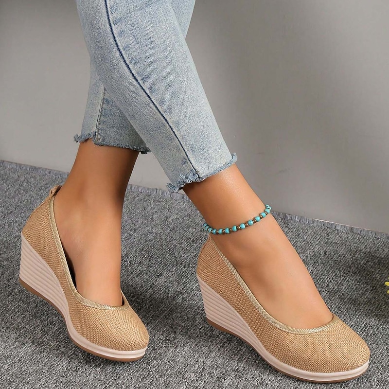 Women's Beige Woven Fabric Wedge Shoes – Comfortable Slip-On Platform Heels for Casual Summer and Daily Wear2