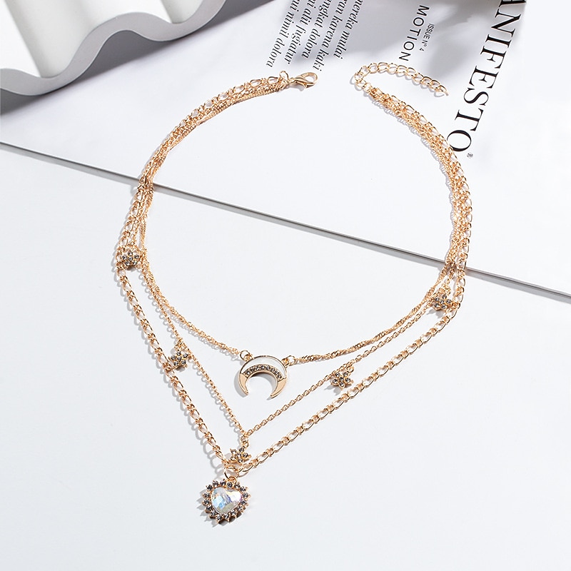 1PC Chain Necklace Layered Necklace For Women's Clear Wedding Party Evening Gift Alloy Moon Heart Star 5