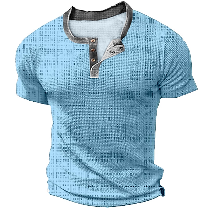 Mens Graphic Shirt Squares Casual 3D Blue Summer Cotton Waffle Henley Tee Clothing Apparel Print Outdoor Short Sleeve Button Fashion Designer Green2