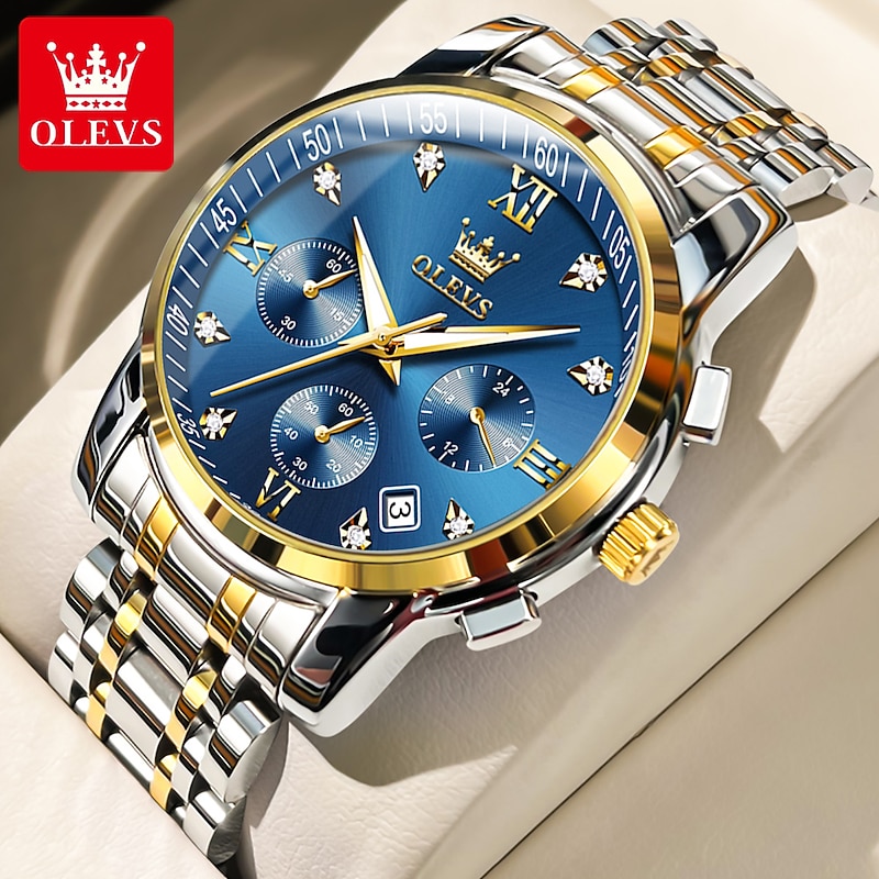 OLEVS Quartz Watch for Men Chronograph Luminous Luxury Wristwatch Large Dial Calendar Day Date Metal Stainless Steel Waterproof Wrist Watch Fashion Stylish Business Classic Christmas Gift