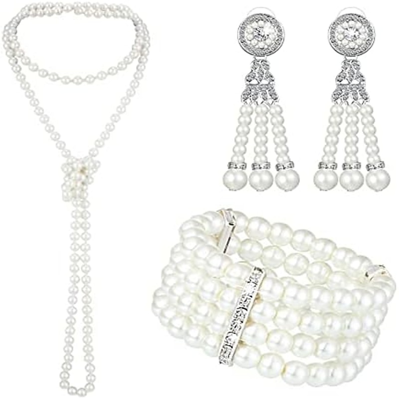 1920s Pearl Jewelry Set Including Vintage Flapper Earrings Multilayer Imitation Pearl Necklace Bracelet for Women Girls2