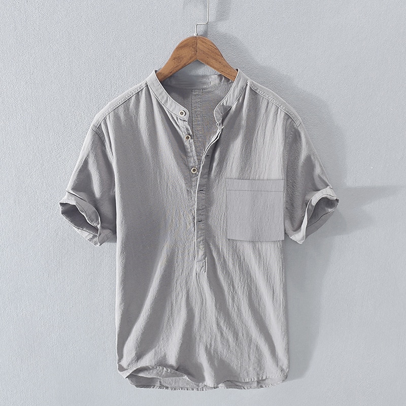 Men's Linen Shirt Band Collar Shirt Summer Shirt Beach Wear Plain Casual Daily White Royal Blue Blue Gray Short Sleeve Stand Collar Summer Clothing Apparel3