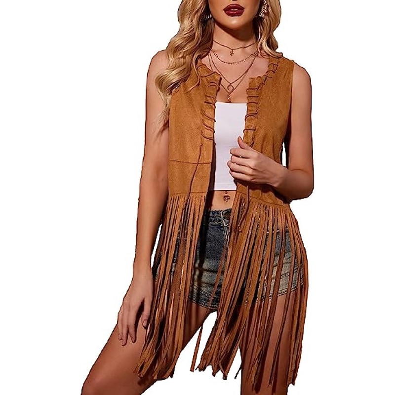 Hippie Vintage 1960s Hippie 1970s Suede Vest Women's Girls' Tassel Fringe Costume Vintage Cosplay Party / Evening Masquerade Casual Daily Sleeveless Vest Halloween