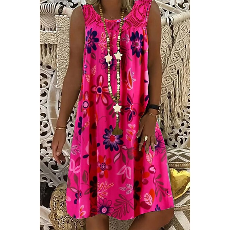 Women's Shift Dress Knee Length Dress White Black Army Green Fuchsia Navy Blue Sleeveless Floral Print Spring Summer Round Neck Hot Casual Boho Loose 2023 M L XL XXL 3XL 4XL 5XL3