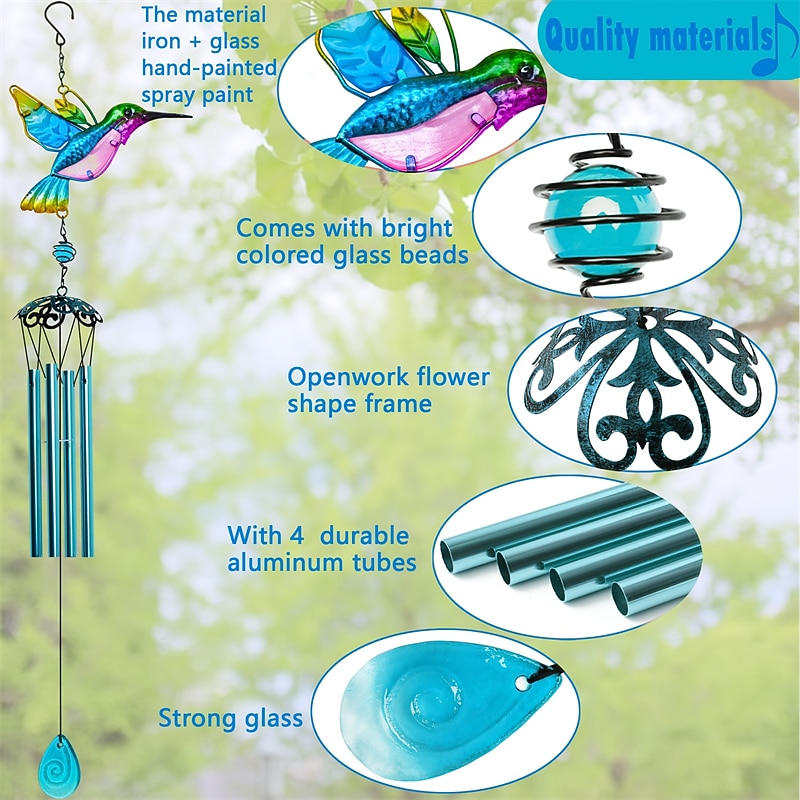 1pc Hummingbird Wind Chimes Indoor Outdoor Metal Glass Music Wind Chimes, Mobile Romantic Chimes For Garden, Patio, Yard, Backyard Or Festival Decor/Best Mothers And Women Gifts3