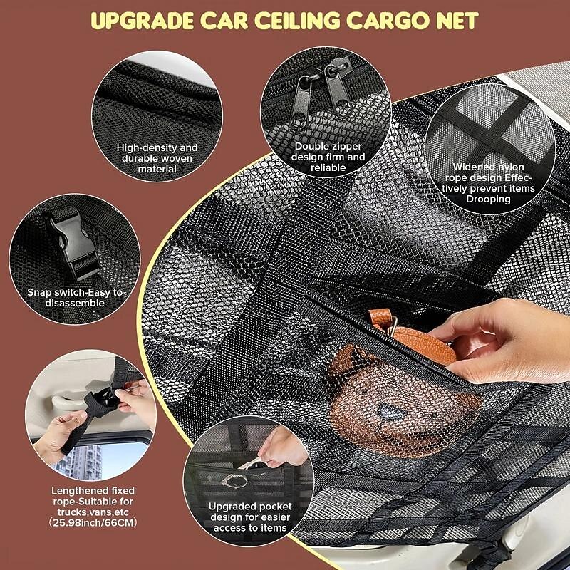 Car Ceiling Cargo Net Organizer, Double-Layer Mesh Roof Storage, Enhanced Load-Bearing, for Car, Truck, SUV, Durable and Secure3