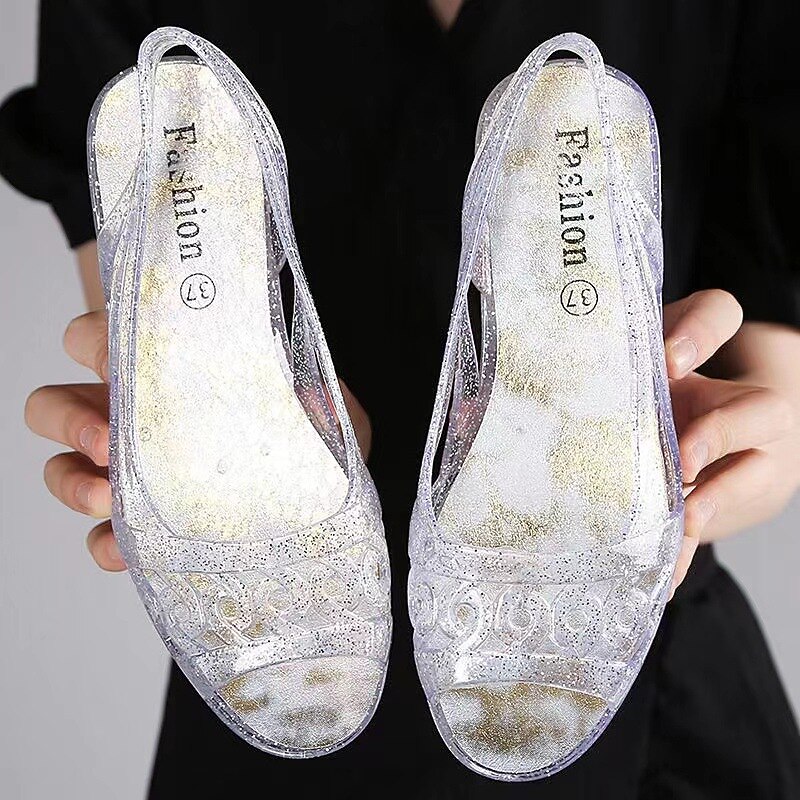 Sparkling Silver Glitter Women's Jelly Sandals - Elegant Slip-On Style with Rhinestone Embellishments, Perfect for Beach Weddings and Summer Parties4