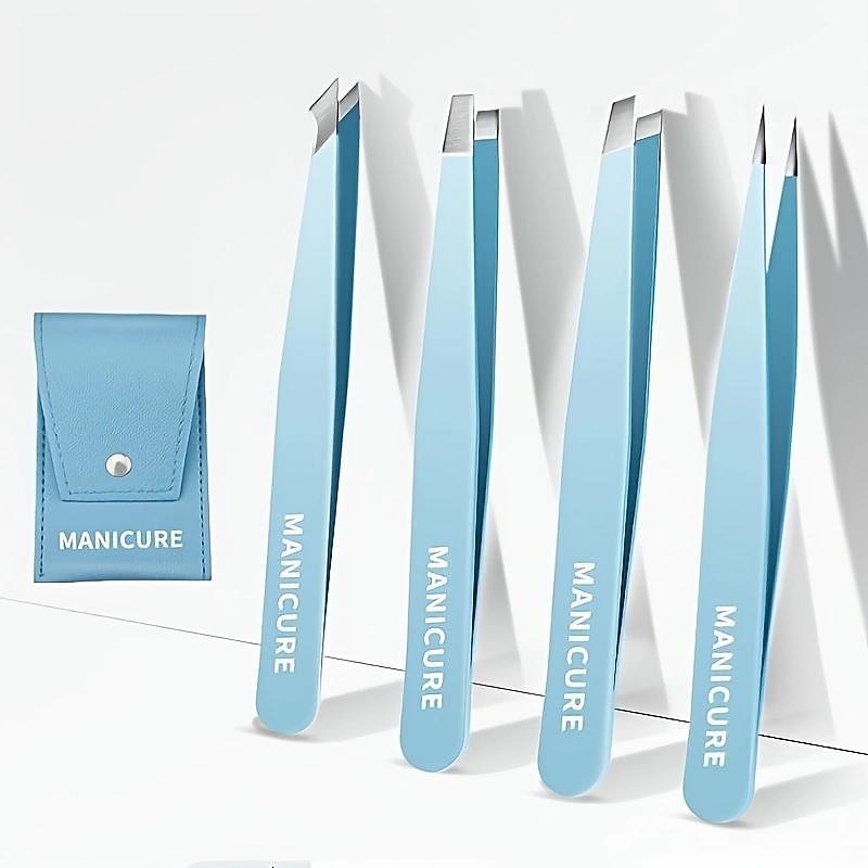 4pcs Professional Precision Slant And Pointed Tip Tweezers Set Eyebrow Plucker Tools For Ingrown Hair, Hair Removal Tweezers With Leather4