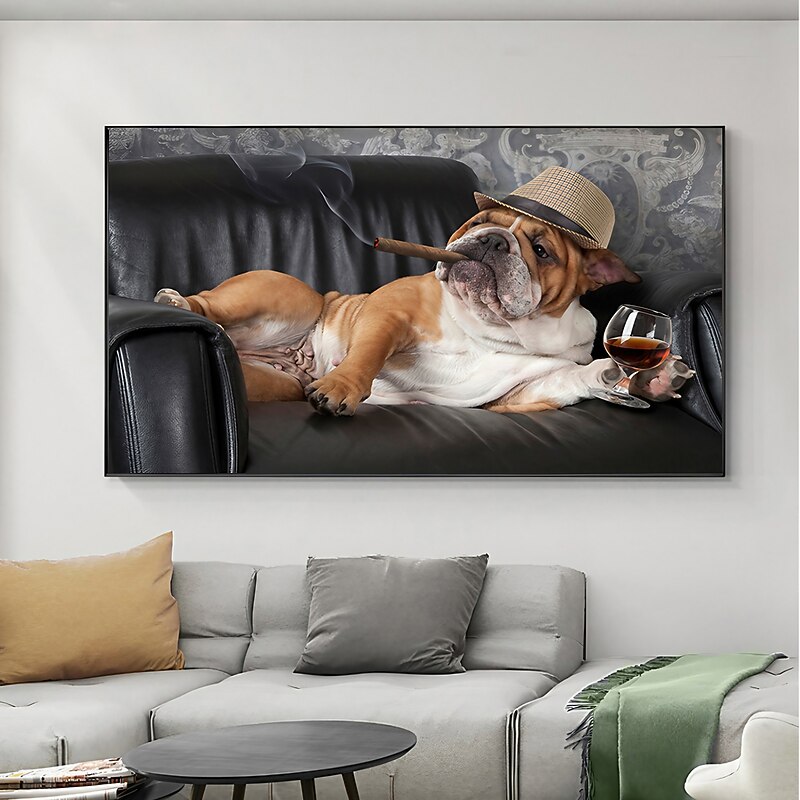 Bulldog Smoking Cigar Art Canvas Painting in The Wall Animal Posters and Prints Wall Art Picture for Living Room Home Decor