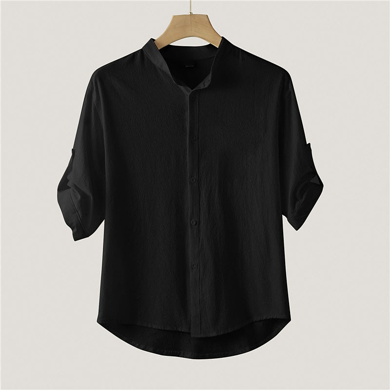Men's Shirt Linen Shirt Cotton Linen Shirt White Cotton Shirt Chinese Collar Shirt Mandarin Collar Shirt Plain Vacation Casual Black White Green Half-Sleeve Grandad Collar Spring & Summer Clothing4