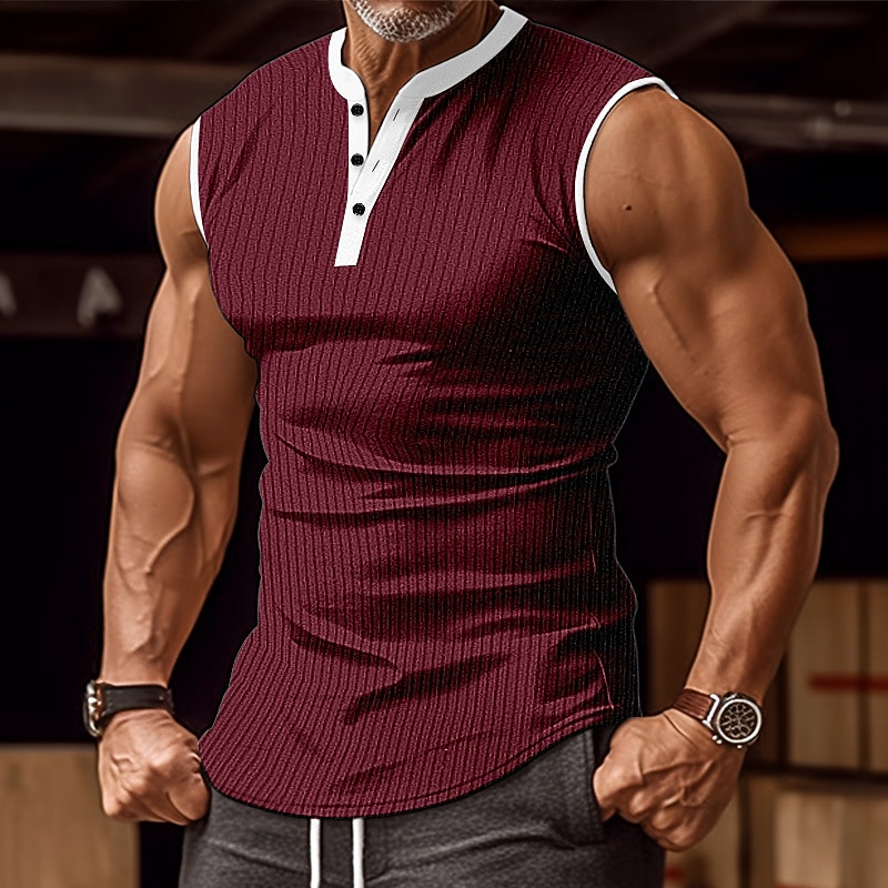 Men's Tank Top Henley Shirt Vest Top Undershirt Sleeveless Henley Summer Color Block Pit Strip Fashion Designer Muscle Outdoor Going out Gym Black White Wine Top Tee for Men4
